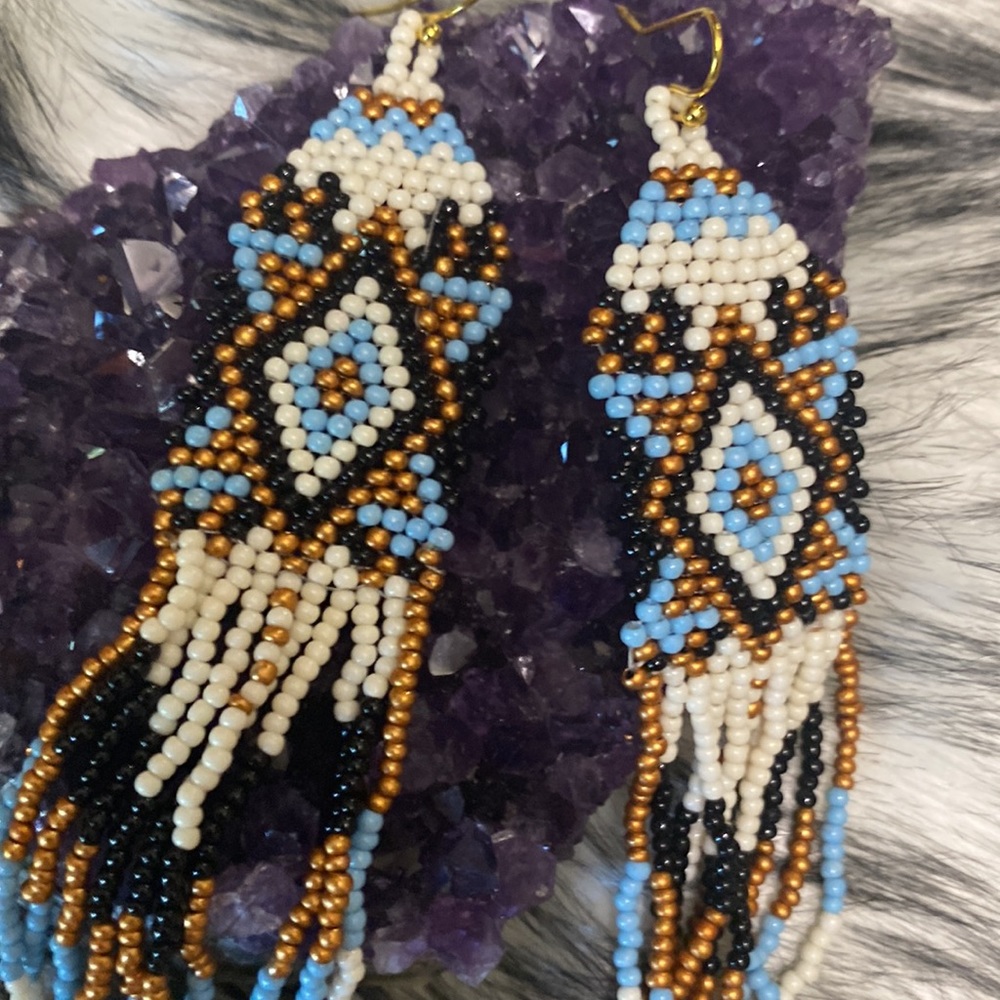 NATIVE AMERICAN LIGHT BLUE MULTI SEED BEAD FRINGE EARRINGS